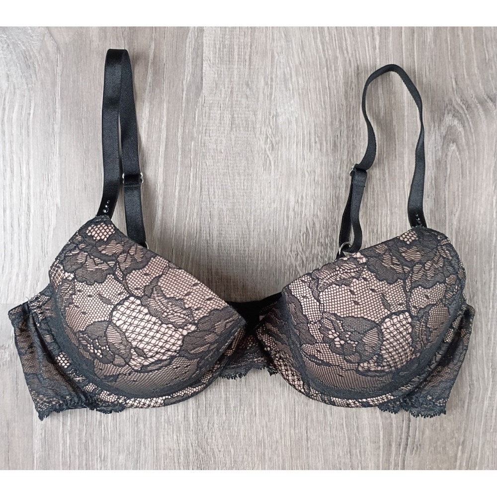 Victoria's Secret Biofit Lace Underwire Demi Bra Black/Beige Floral 36C Uplift